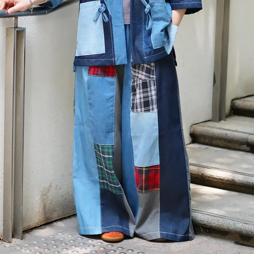 Denim Patchwork Wide-Leg Pants