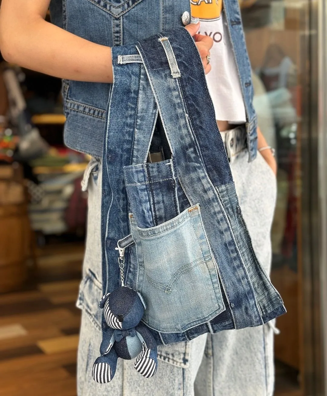 Denim Waistband Tote & Bear