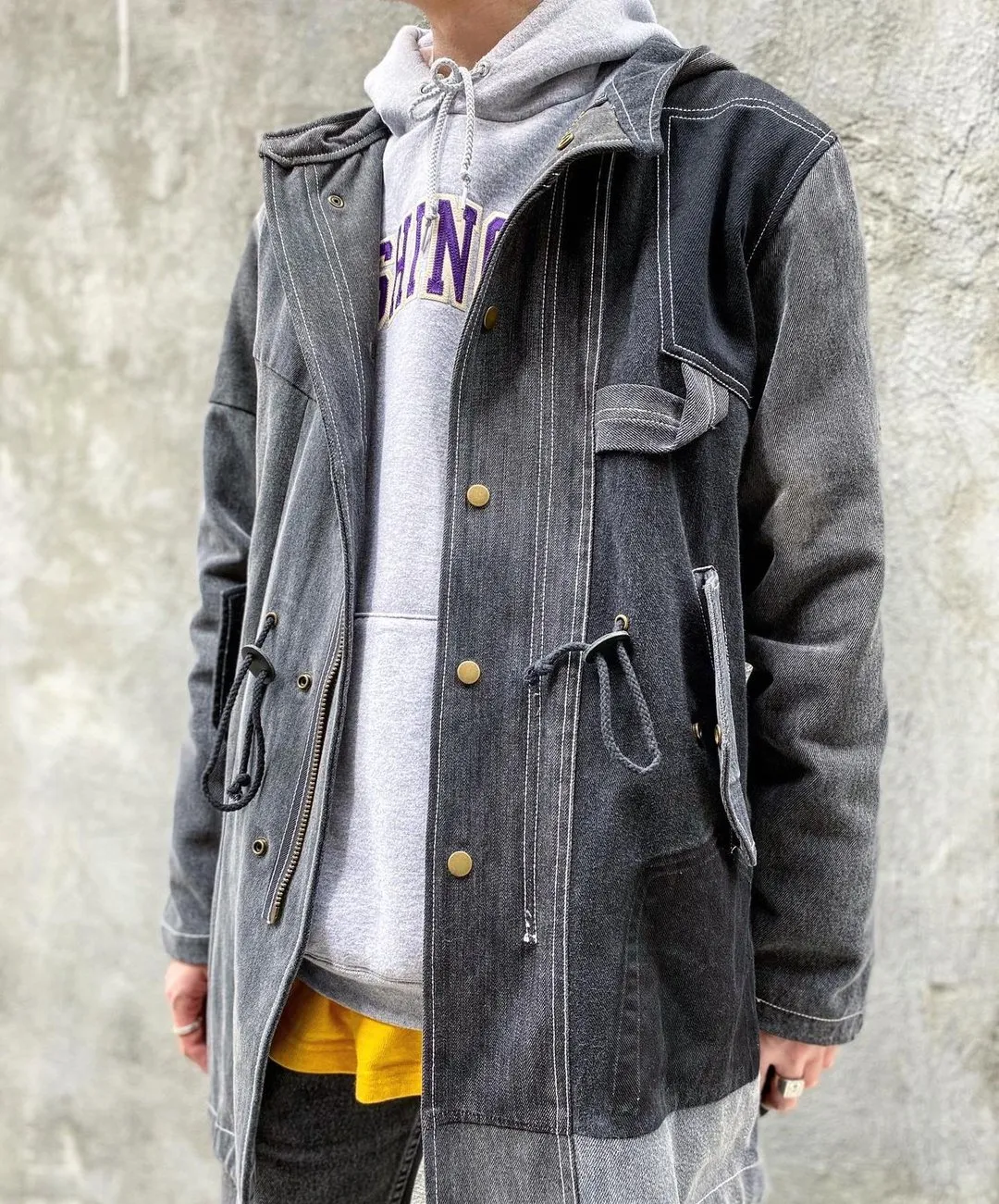 Black Denim Patchwork Parka