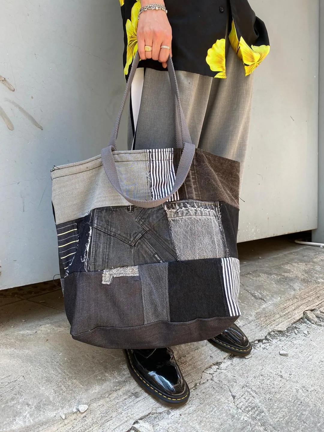 Black Denim Patchwork Bag